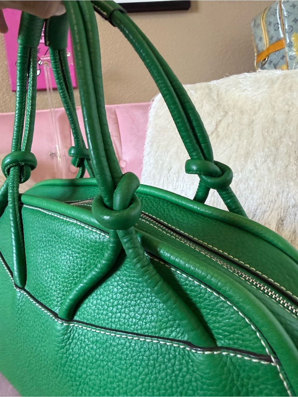 HOGAN Kelly Green Leather Dome Satchel Bag w Knots &Loop Details Silver Hardware - Picture 13 of 16
